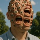 Surreal humanoid figure with multiple eyes and mouths
