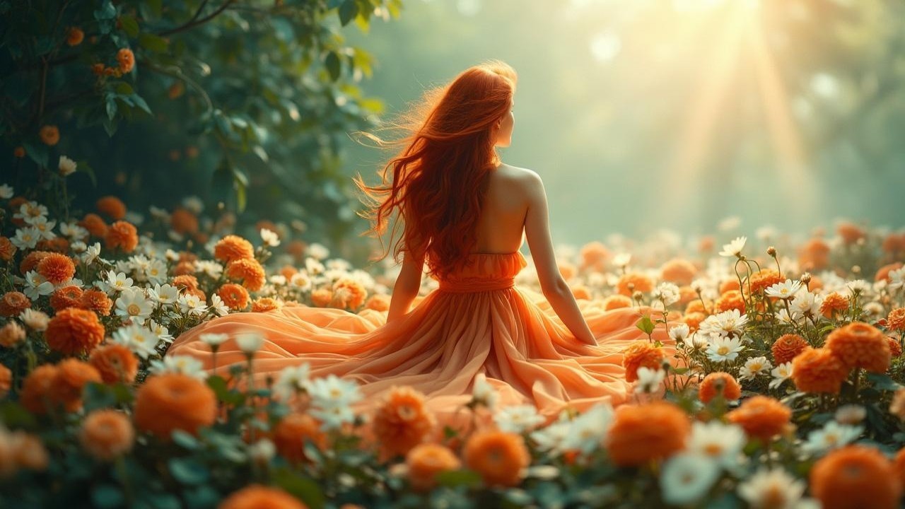 Young Woman in Orange Dress in Flower Field