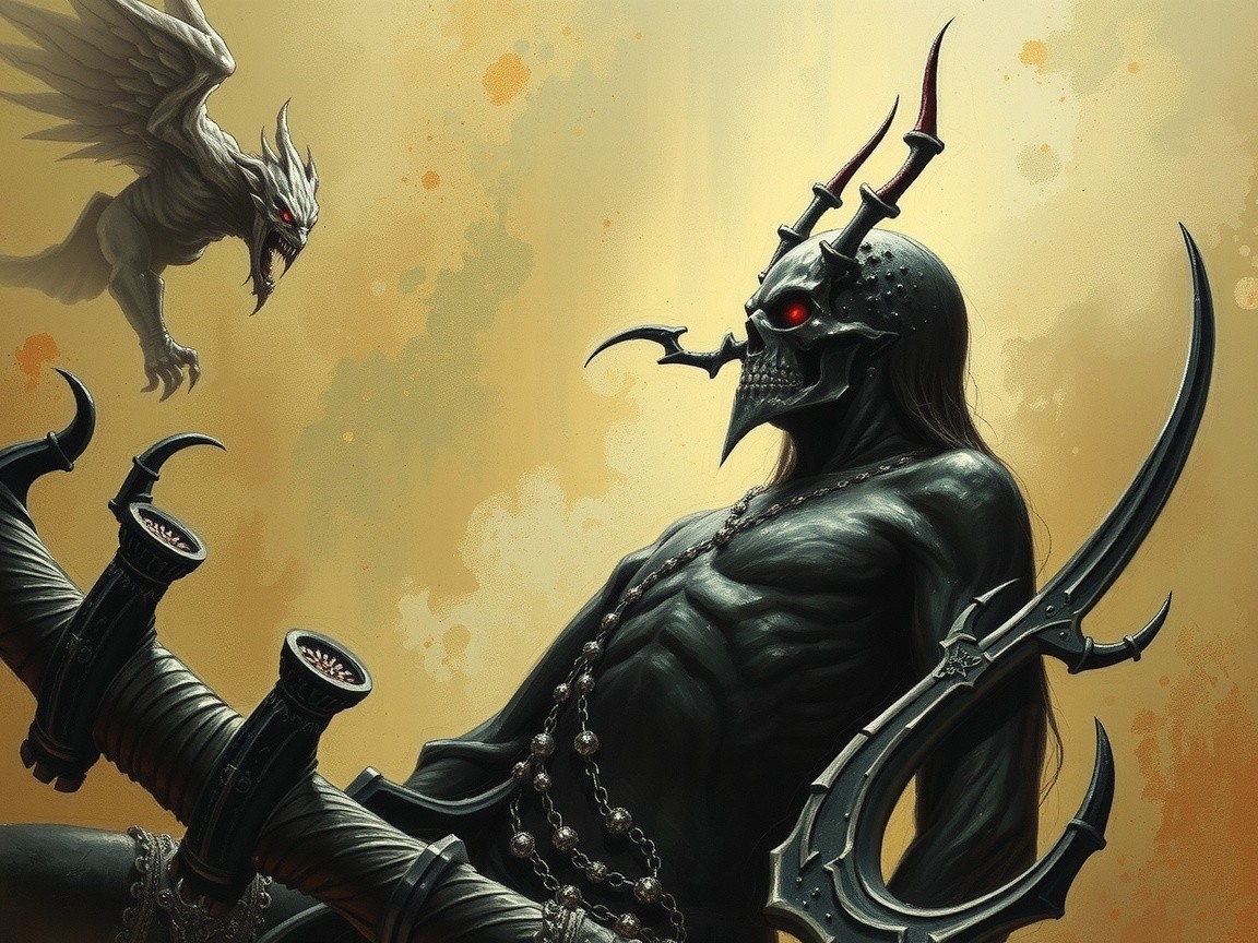 Dark Fantasy Character with Skull Mask and Trident