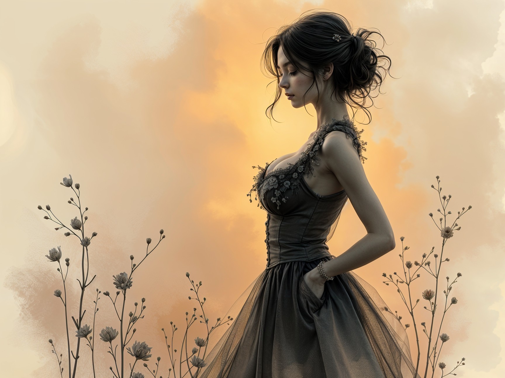 Young Woman in Dark Dress with Floral Details