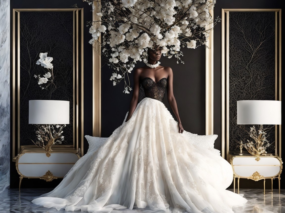 Elegant gown with ornate skirt and floral backdrop