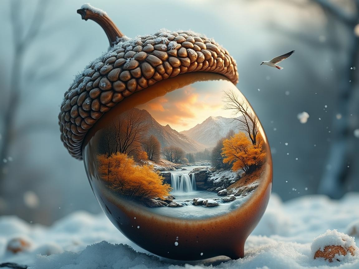Acorn Reflecting Serene Mountain Landscape and Nature