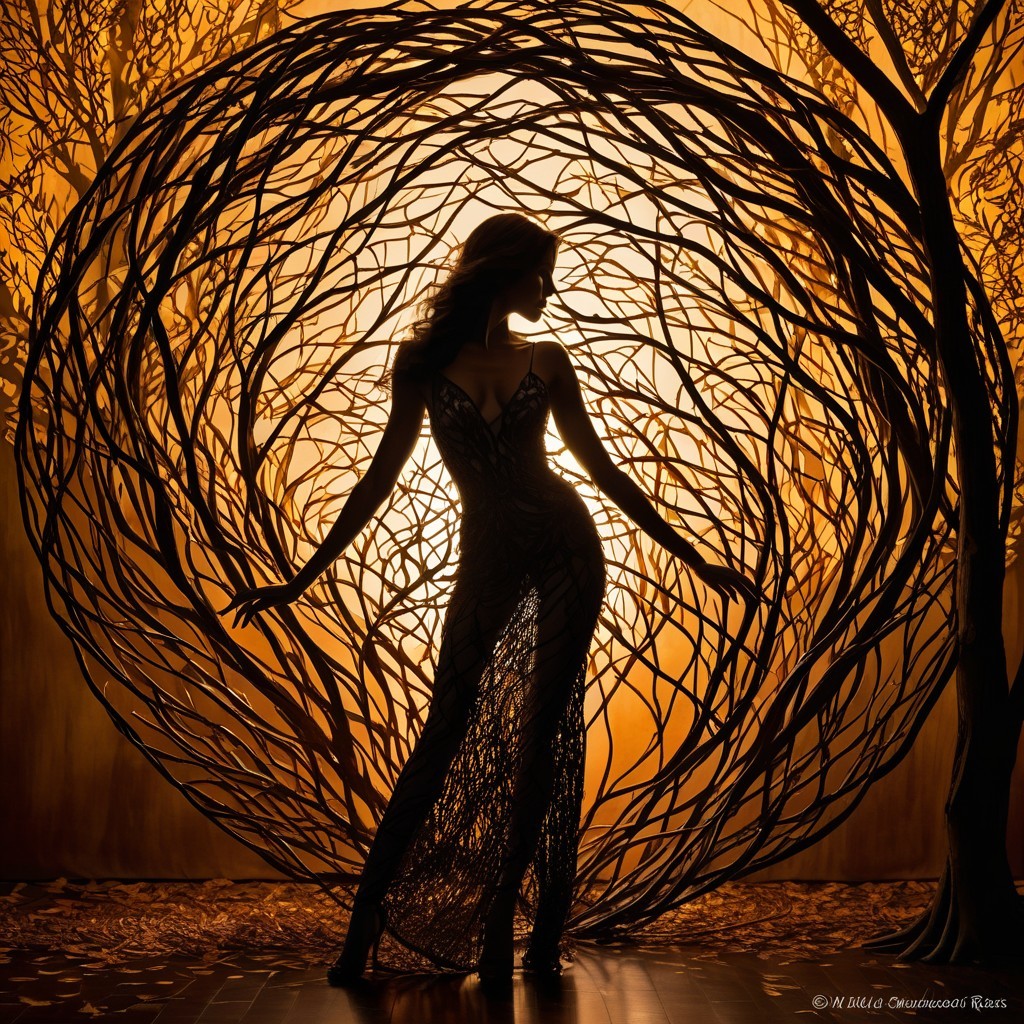 Elegant Silhouette of Woman in Lace Gown with Branches