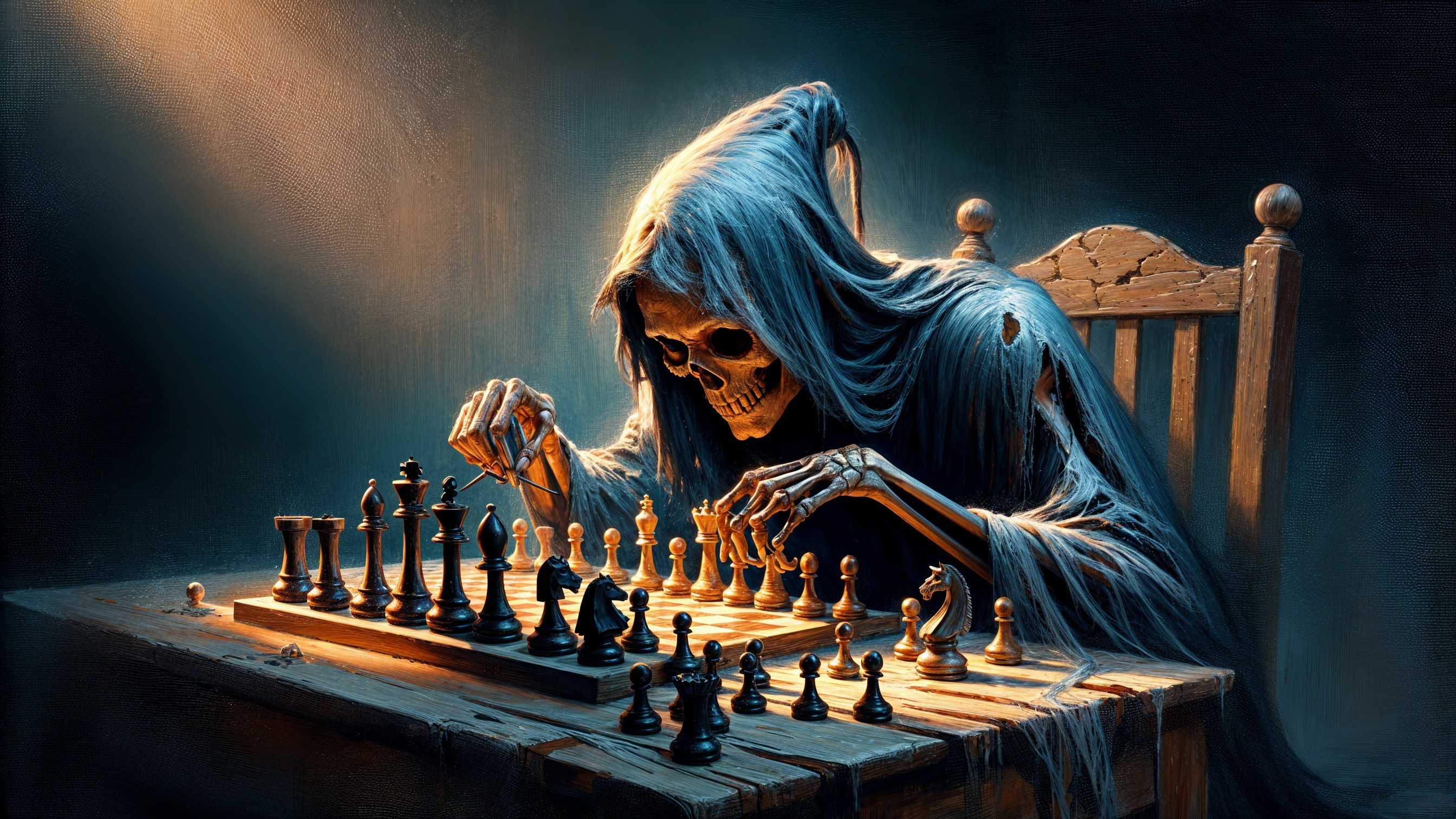 Skeletal Figure Playing Chess in Dimly Lit Setting