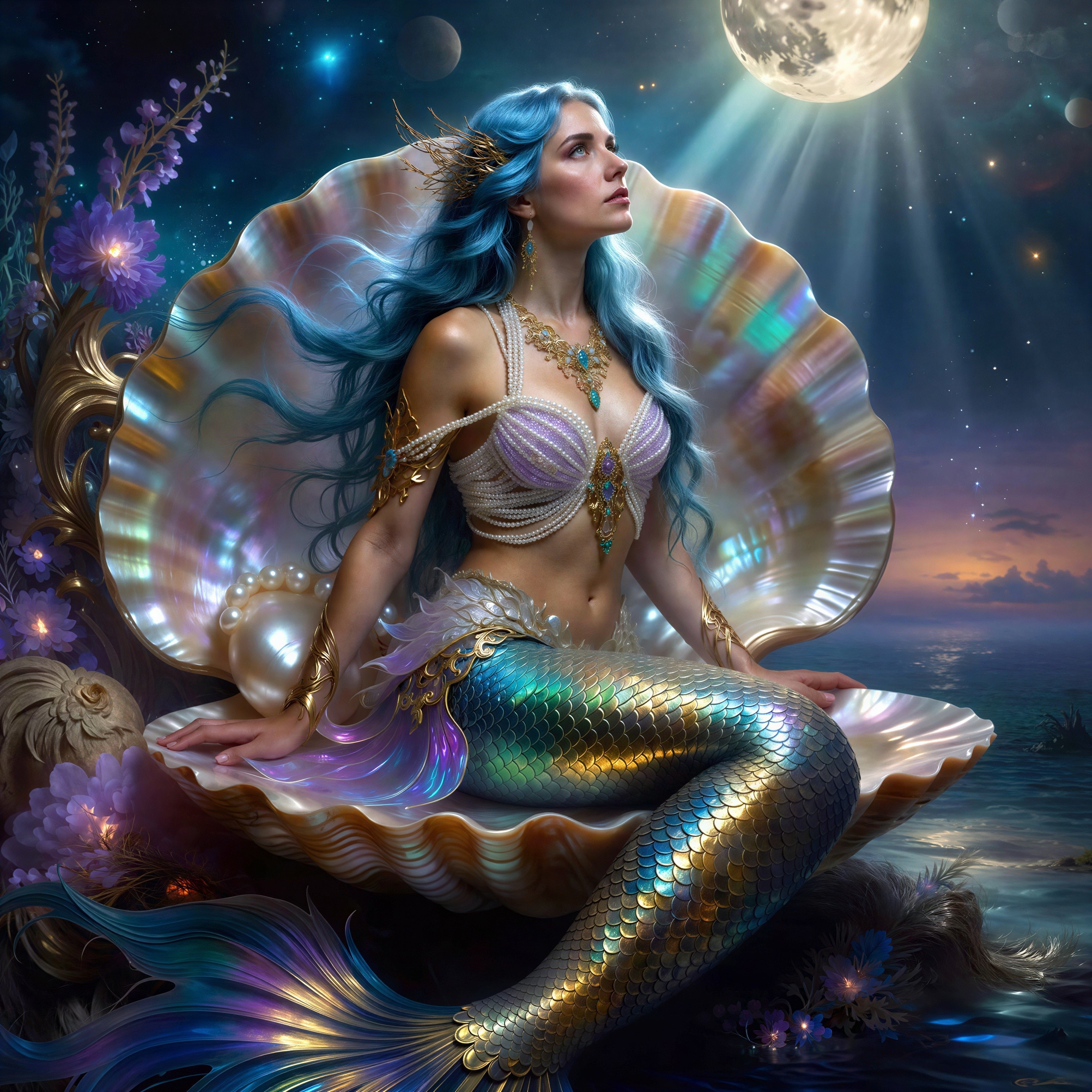 Mermaid in Seashell Under Moonlit Night Sky