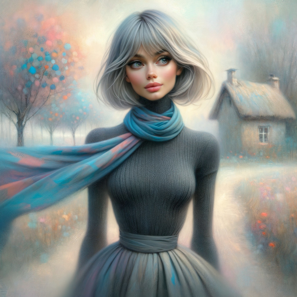 Whimsical Portrait of Young Woman in Pastel Landscape