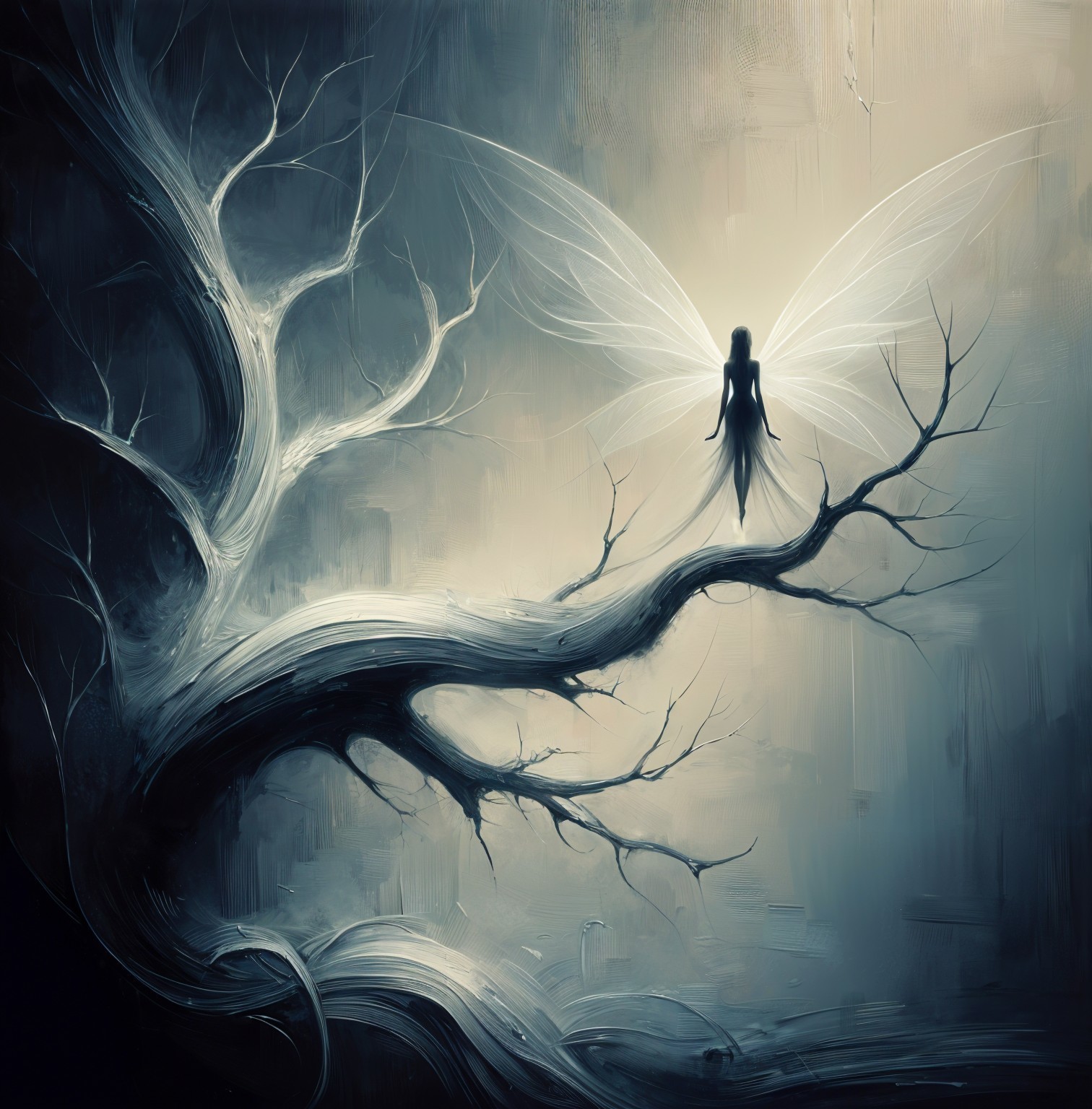 Delicate Fairy on a Gnarled Tree Branch Scene