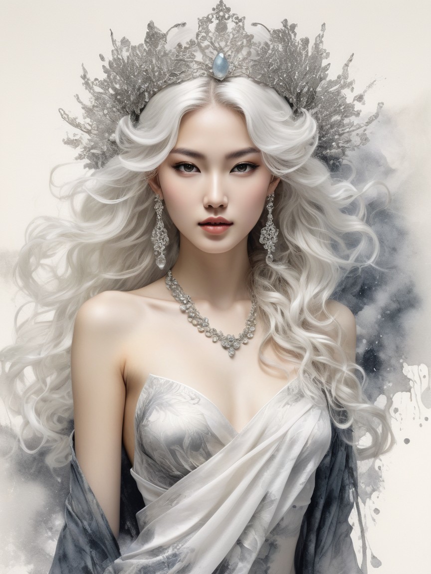 Porcelain Queen in White Dress with Floral Design