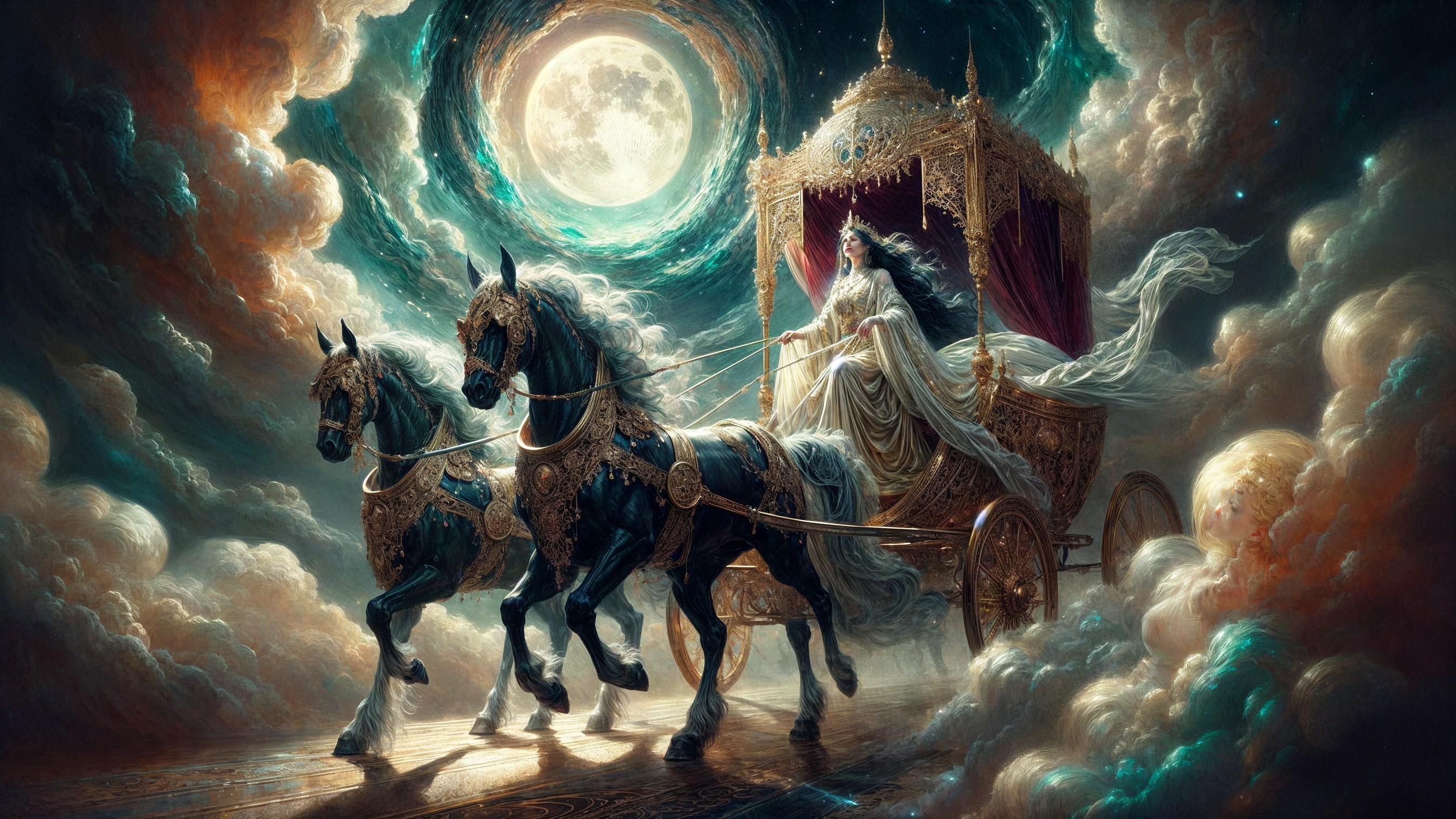 Ethereal Carriage and Black Horses in Mystical Scene