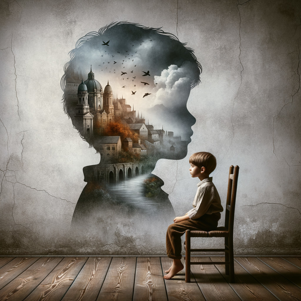 Young Boy Contemplating Before Dreamy Mural Scene
