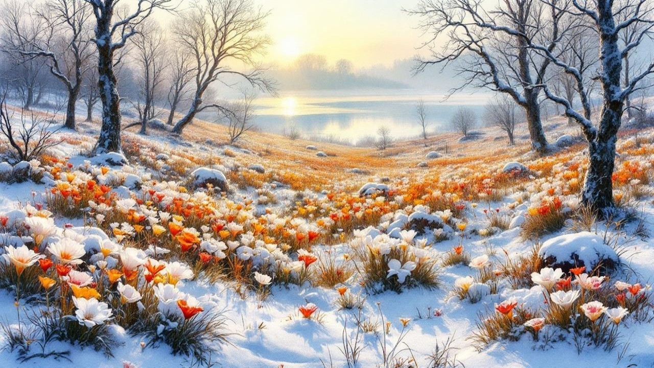 Serene Winter Landscape with Lake and Snow-Covered Ground