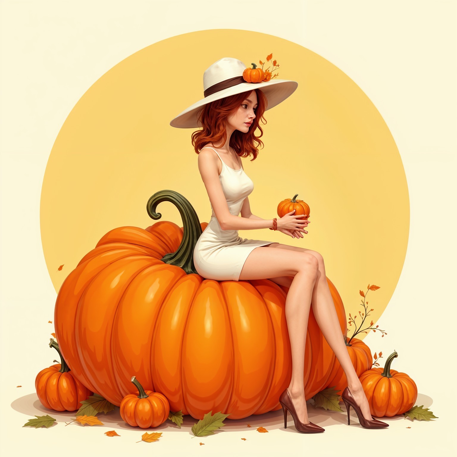 Stylish Woman on Pumpkin in Autumn Setting