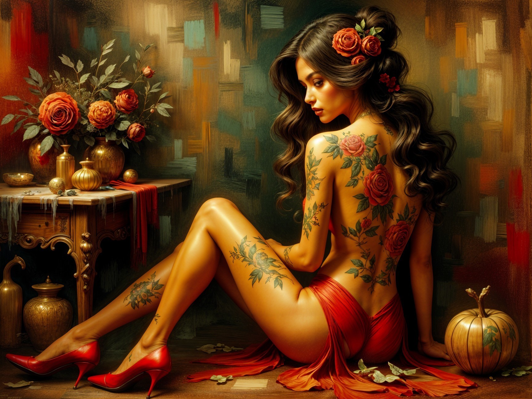 Woman with Rose Tattoos in Elegant Pose and Decor