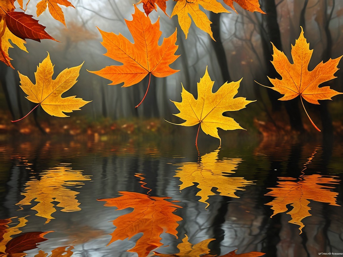 Autumn Scene with Maple Leaves and Reflective Water