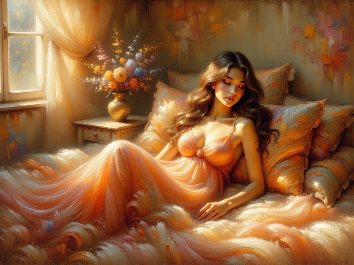 Serene Woman in Pastel Dress on Plush Bed Setting