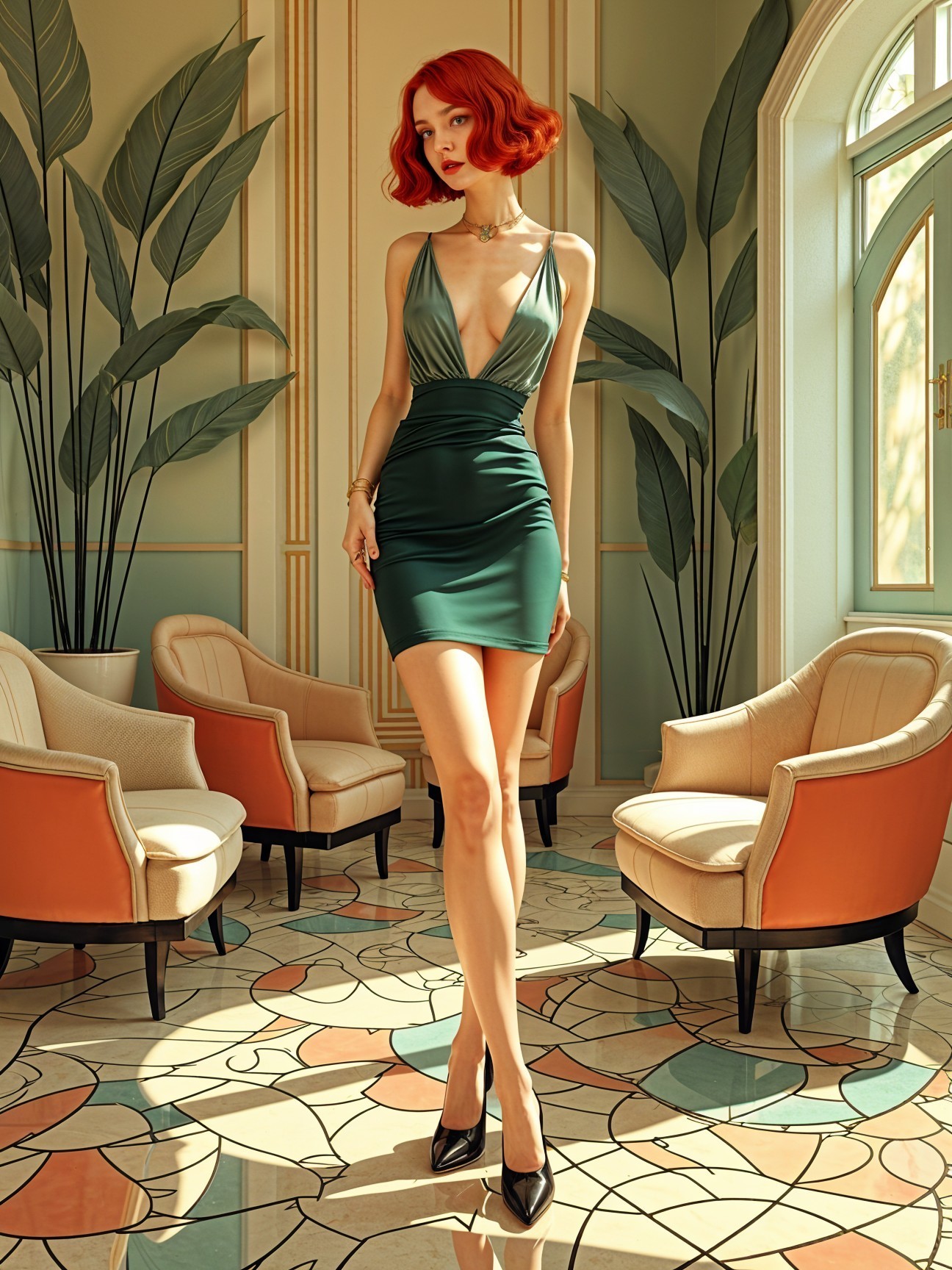 Confident Woman in Glamorous Interior with Green Decor