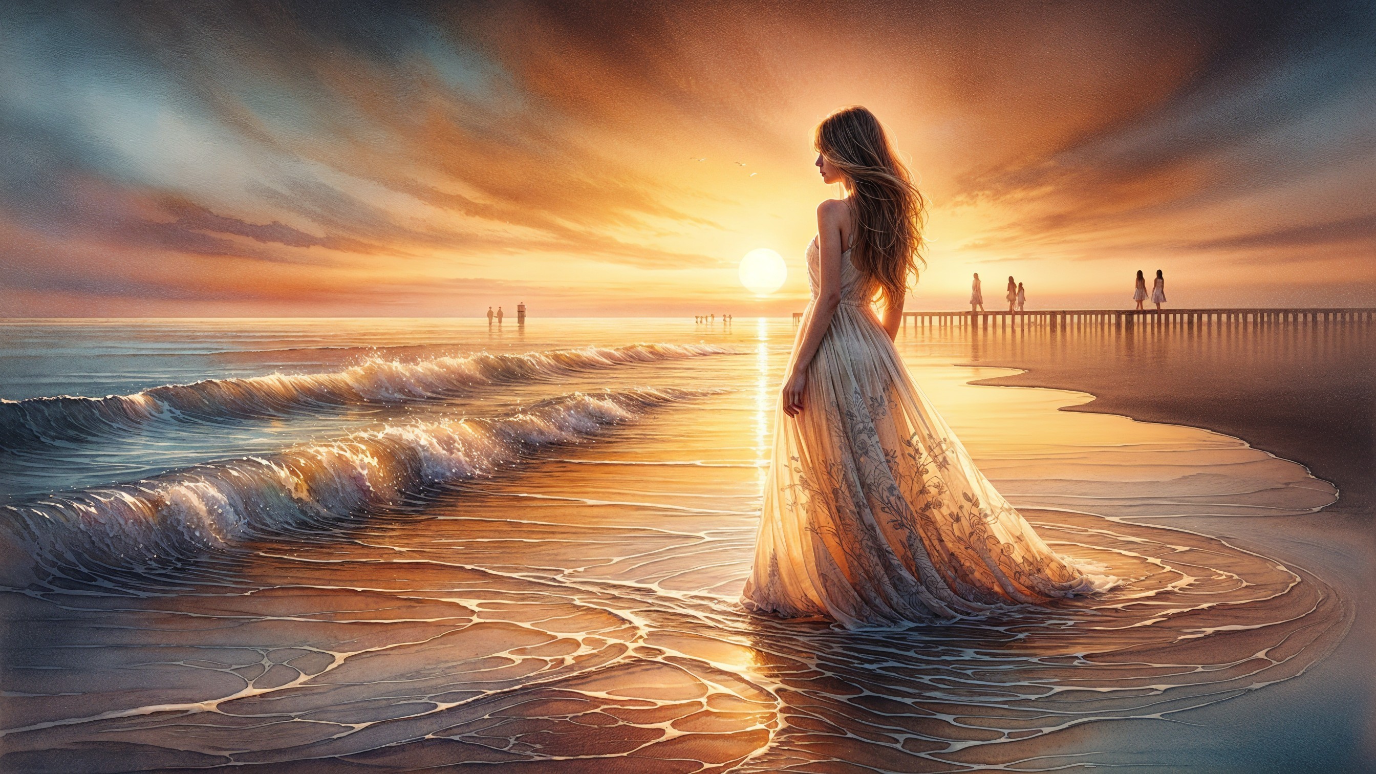 Serene Beach Sunset with Woman at Water's Edge