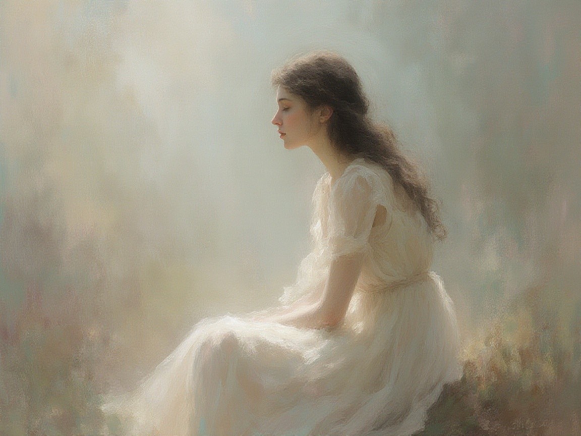 Serene Young Woman in Ethereal White Dress