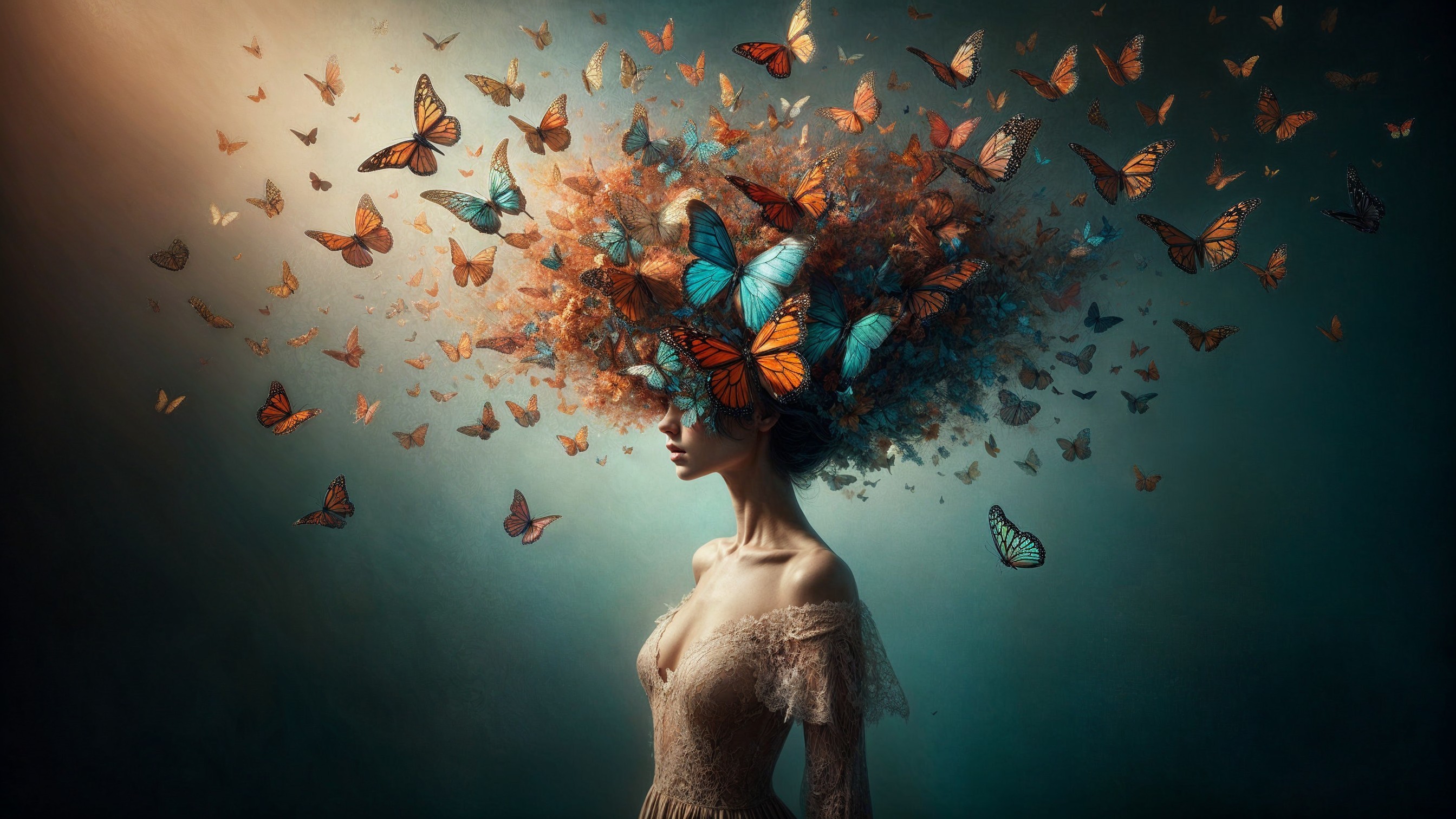 Woman Surrounded by Colorful Butterflies in Dreamlike Scene