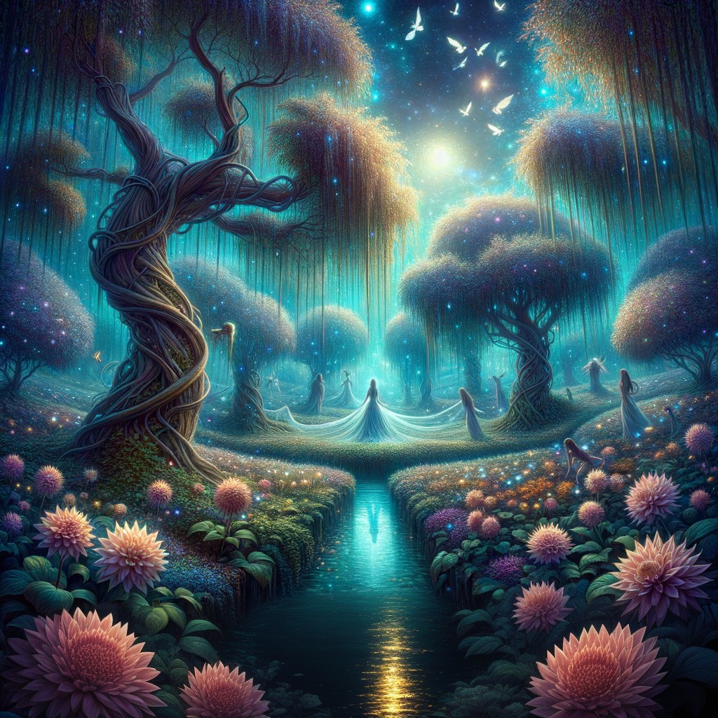 Mystical Forest with Glowing Trees and Serene River