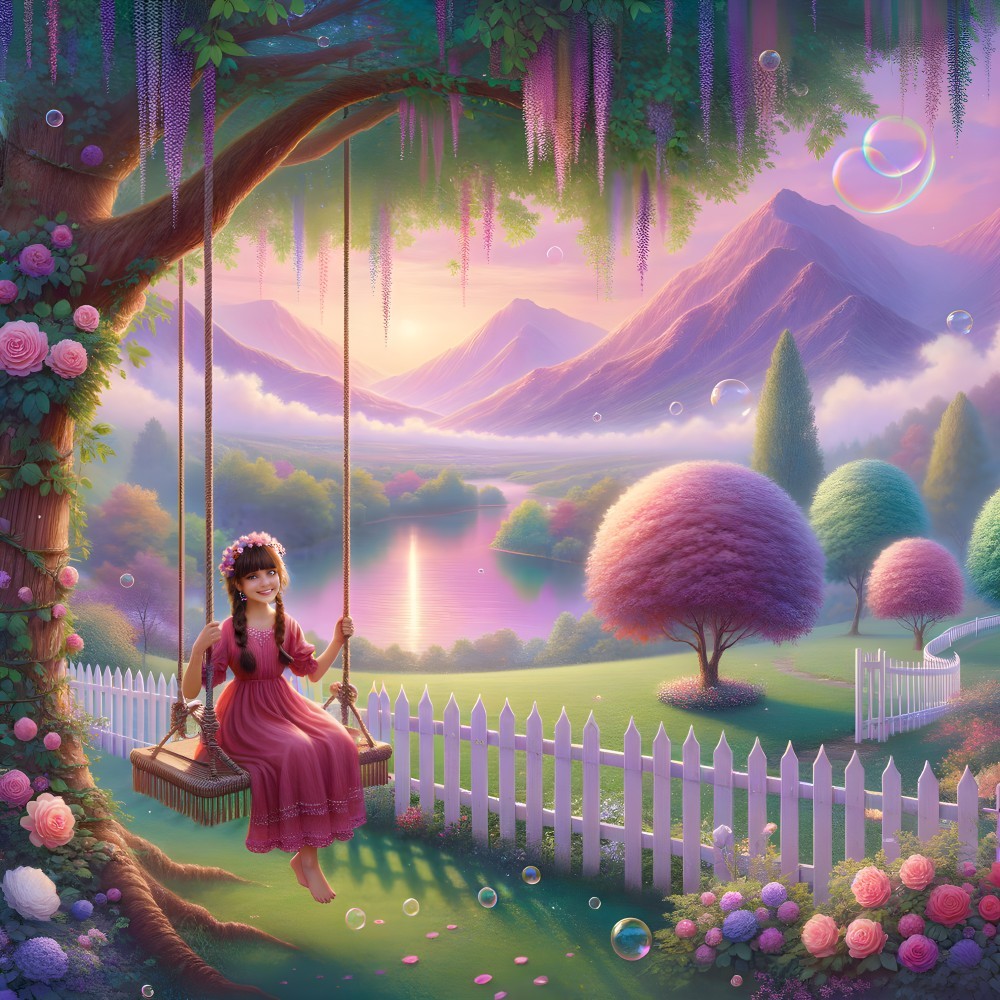 Serene Landscape with Girl on Swing and Mountains