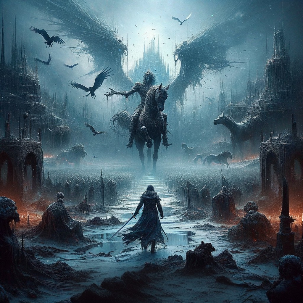 Solitary Figure in Foggy Landscape with Spectral Knight