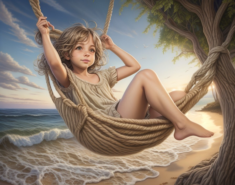 Young girl in hammock at serene beach setting