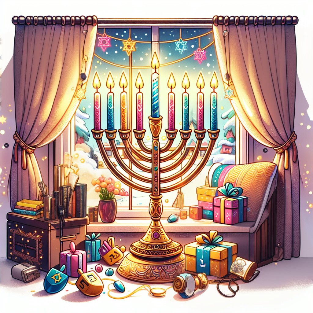 Decorated Window Scene with Menorah and Holiday Decor