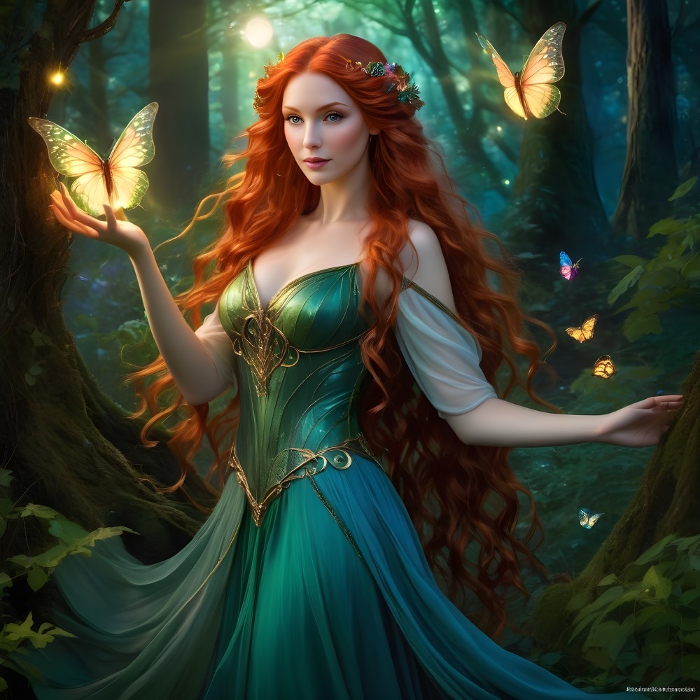 Mystical Forest Scene with Woman and Glowing Butterflies