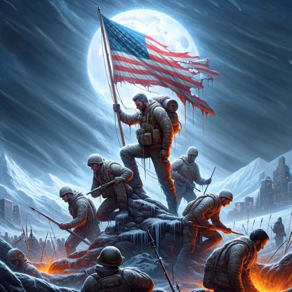 Soldiers Raising American Flag in Snowy Landscape
