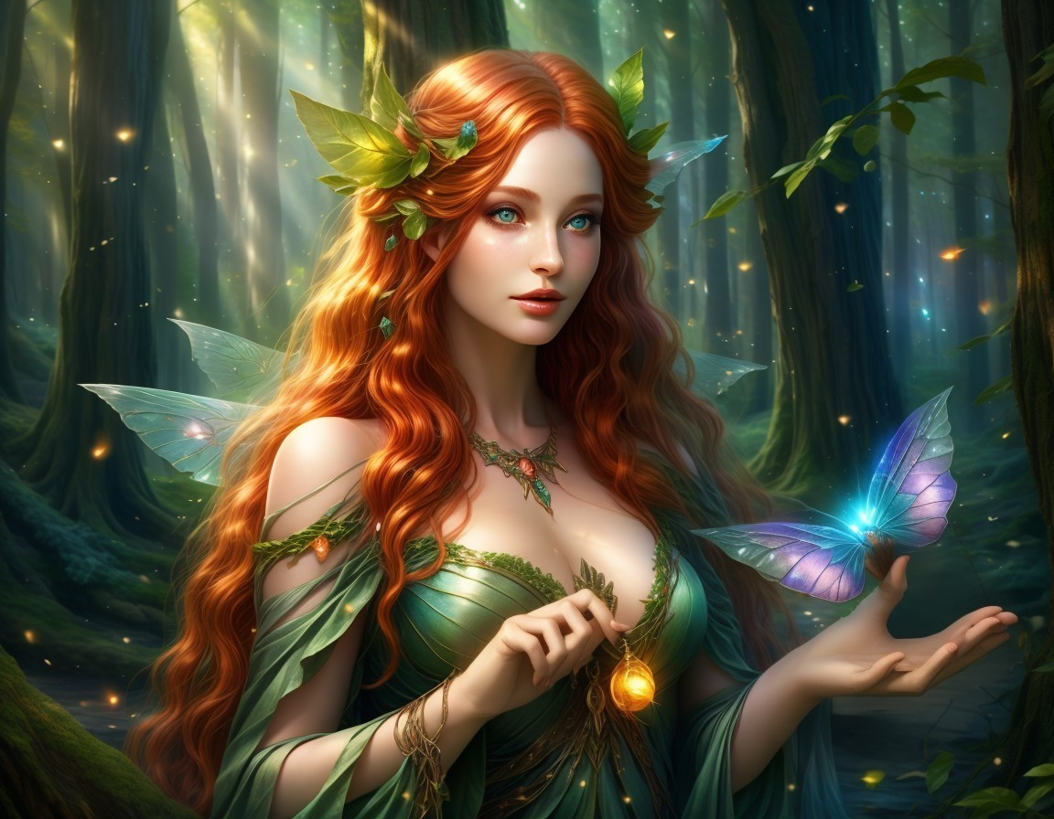 Magical forest scene with a figure and butterflies