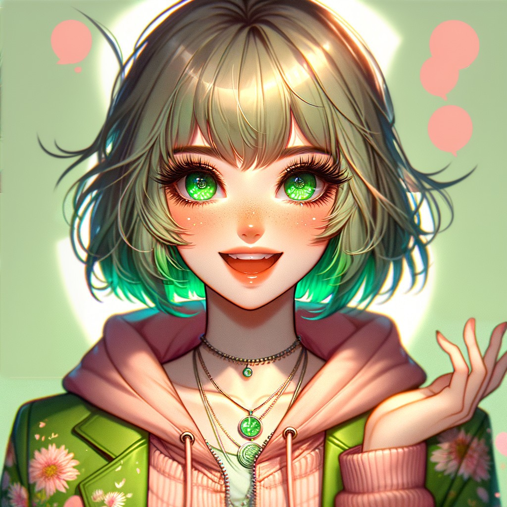 Cheerful Character with Mint Green Hair and Floral Jacket