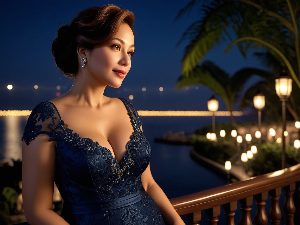 Elegant Woman in Navy Gown Overlooking Waterway