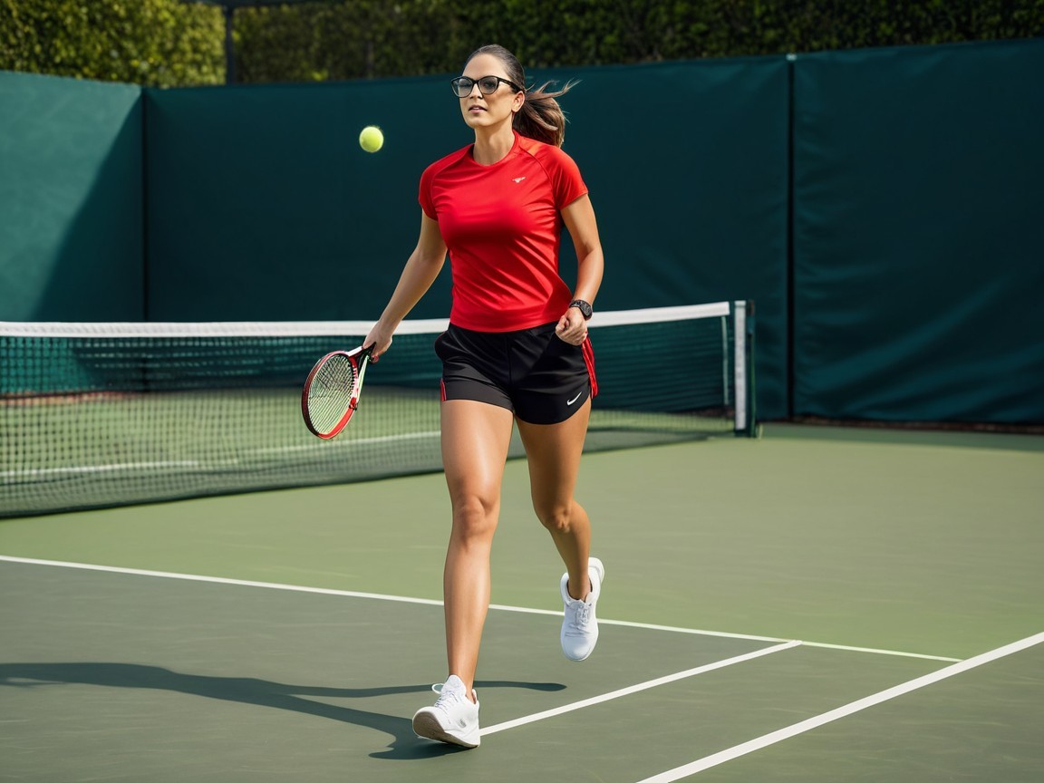 Young Woman Playing Tennis on a Green Court