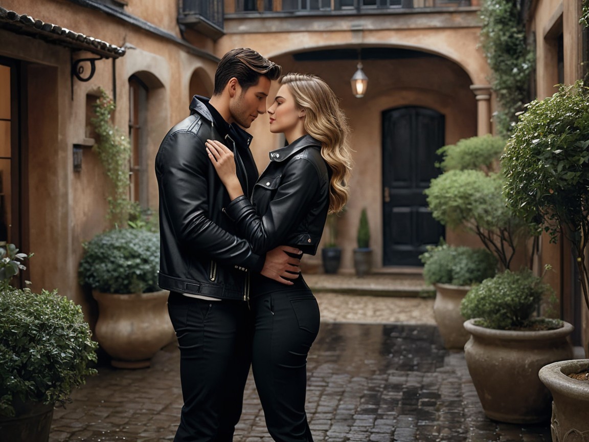 Couple Embracing in Romantic Courtyard Setting