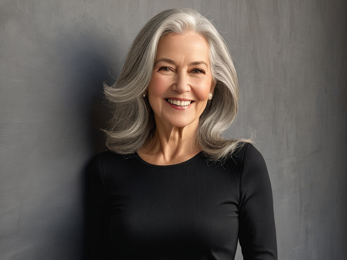 Mature Woman with Gray Hair and Elegant Black Top