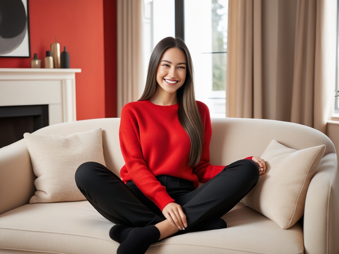 Cozy Woman on Beige Couch in Stylish Interior