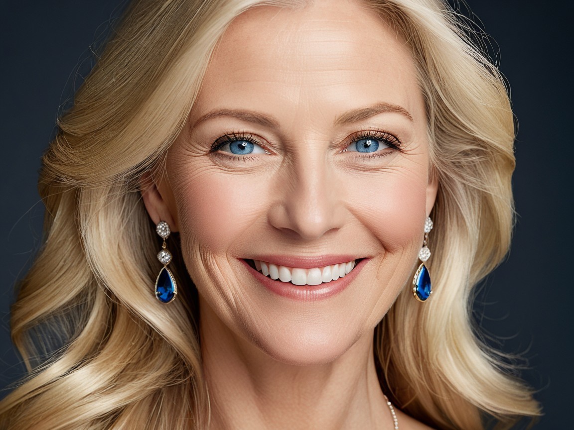 Smiling Woman with Blond Hair and Elegant Earrings