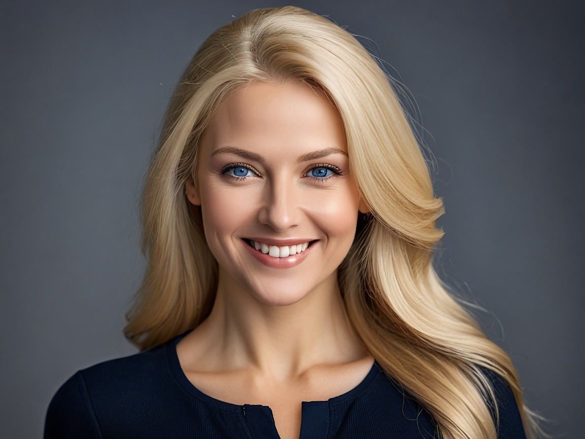 Woman with Blonde Hair and Blue Eyes in Dark Outfit
