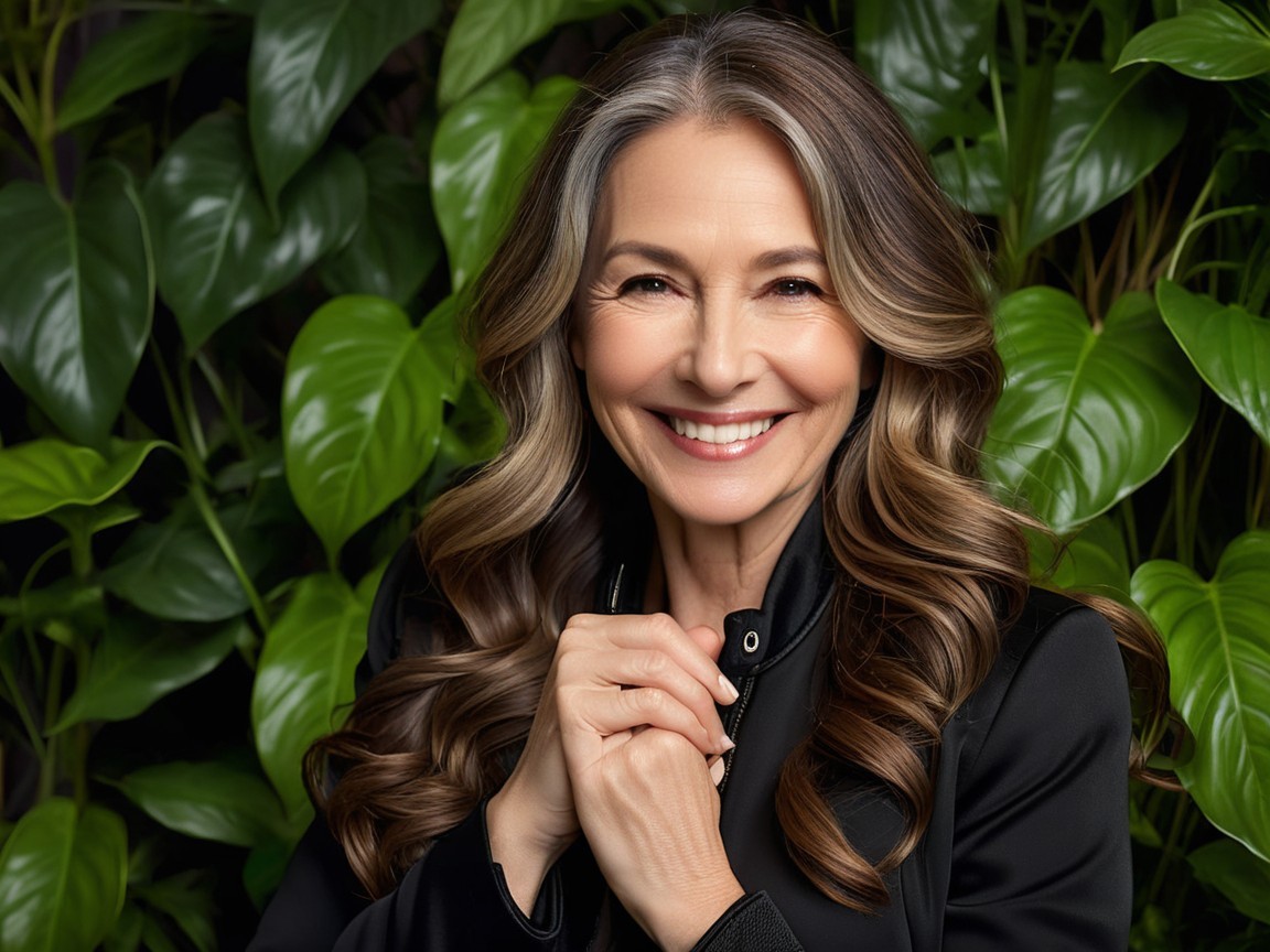 Woman with flowing hair smiles in green foliage
