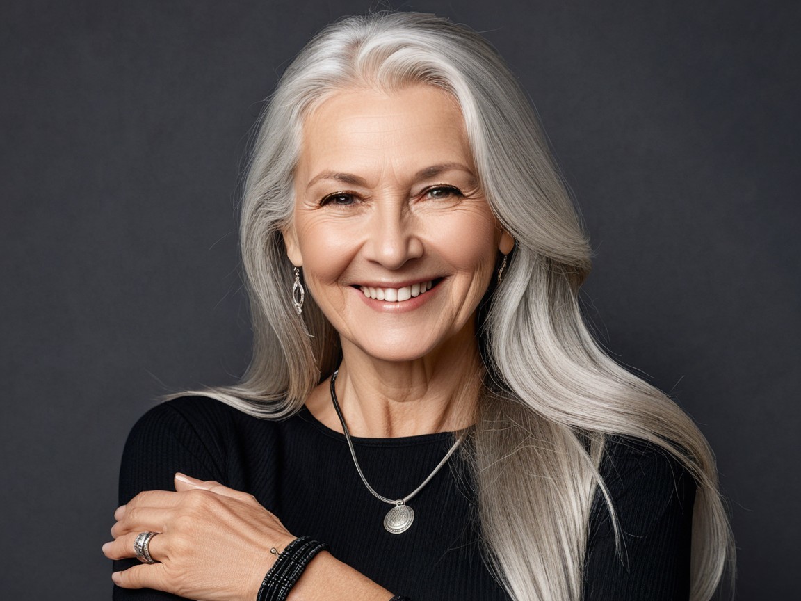 Elegant Older Woman with Gray Hair and Stylish Attire