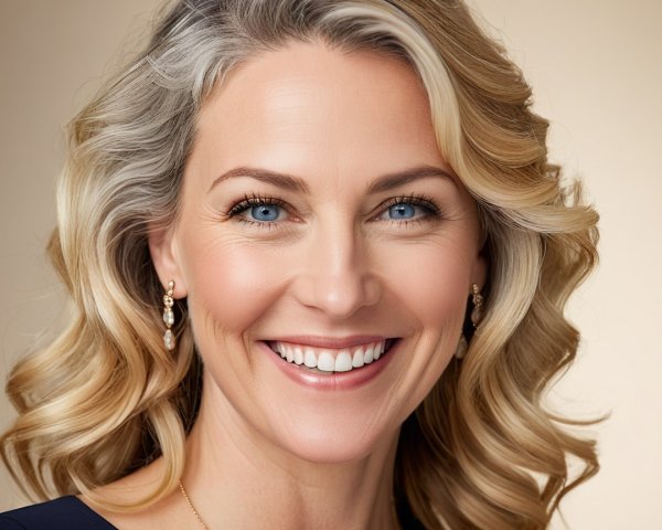 Woman with Wavy Blonde Hair and Pearl Earrings