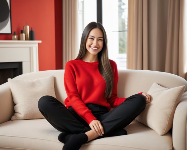Cozy Woman on Beige Couch in Stylish Interior