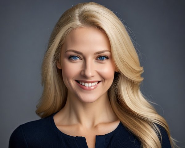 Woman with Blonde Hair and Blue Eyes in Dark Outfit