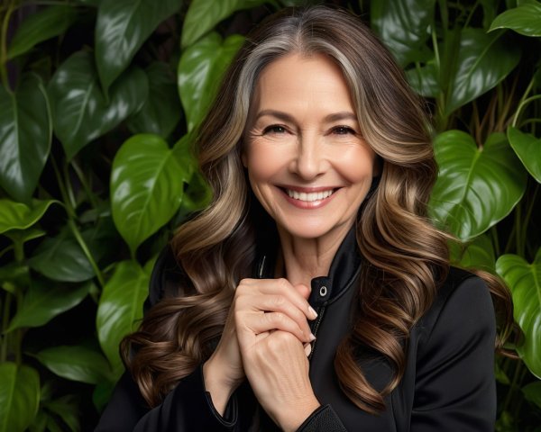 Woman with flowing hair smiles in green foliage