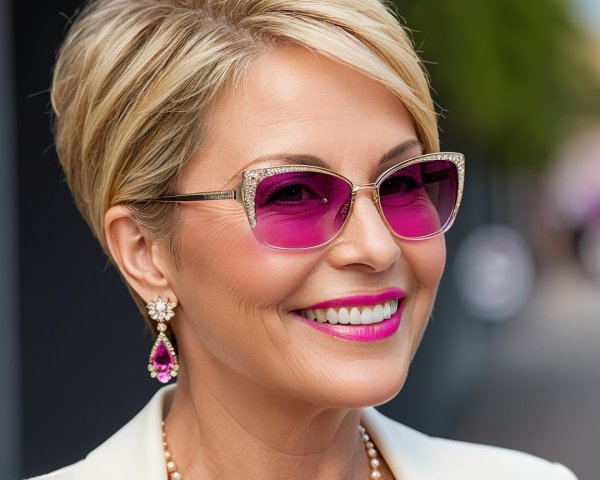 Chic Woman in Stylish Blazer and Pink Accessories