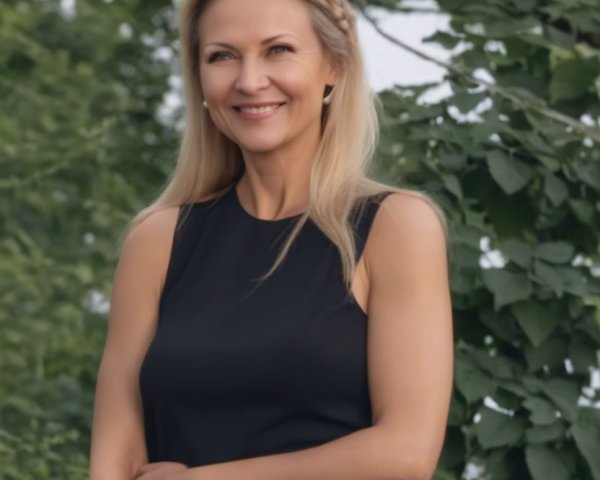 Confident Woman in Black Dress Amidst Greenery
