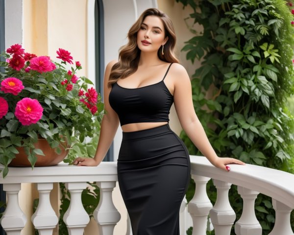 Woman in stylish outfit by a vibrant flower garden