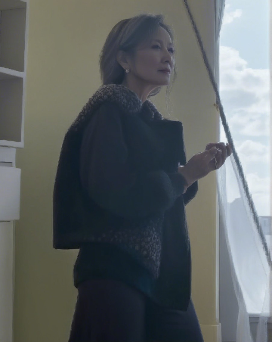 Woman by Window in Elegant Dark Jacket and Soft Light