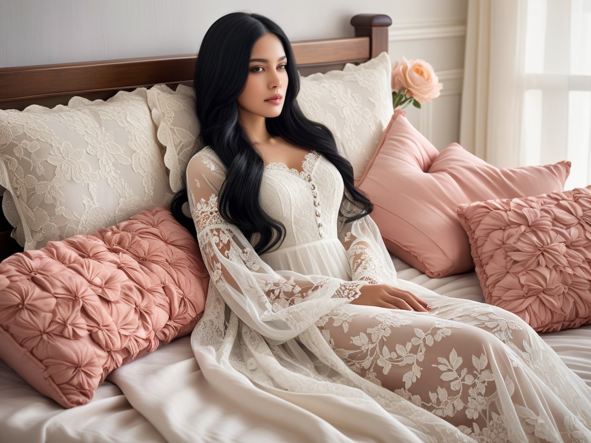 Elegant Woman in Lace Gown on Plush Bed with Flowers